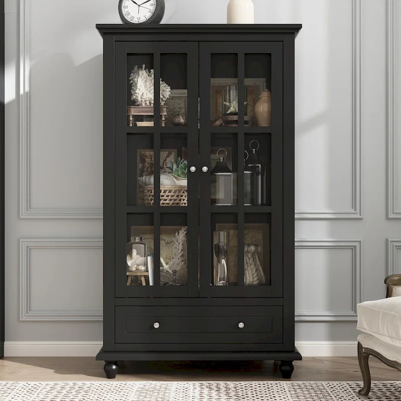 Tall Glass Door Display Cabinet with Shelves and Drawer