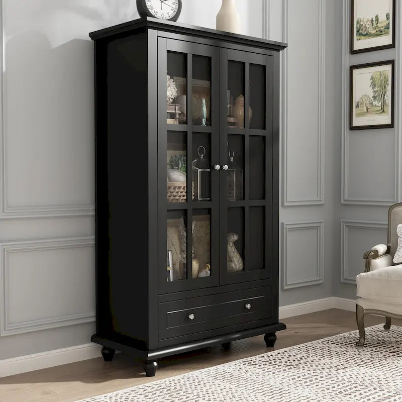 Tall Glass Door Display Cabinet with Shelves and Drawer
