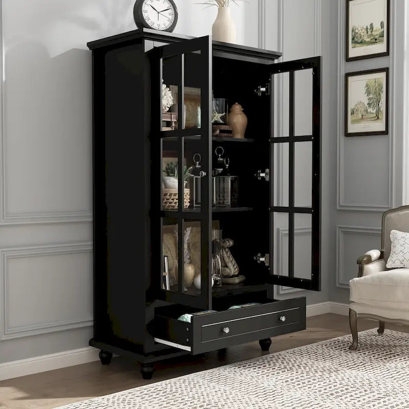 Tall Glass Door Display Cabinet with Shelves and Drawer