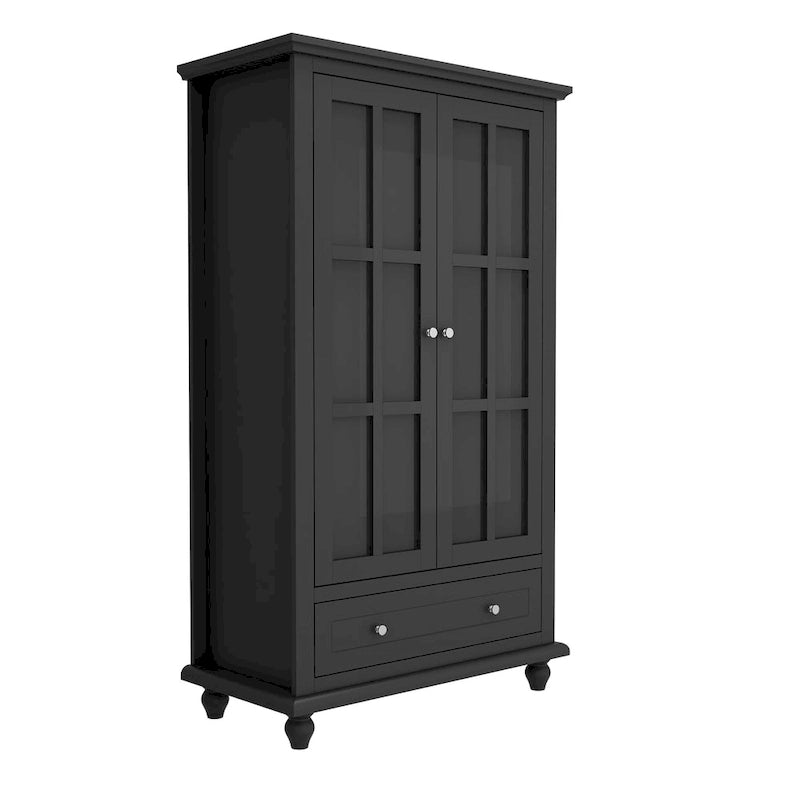Tall Glass Door Display Cabinet with Shelves and Drawer