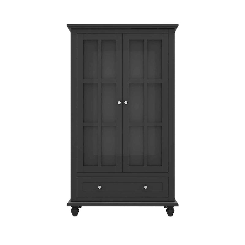 Tall Glass Door Display Cabinet with Shelves and Drawer