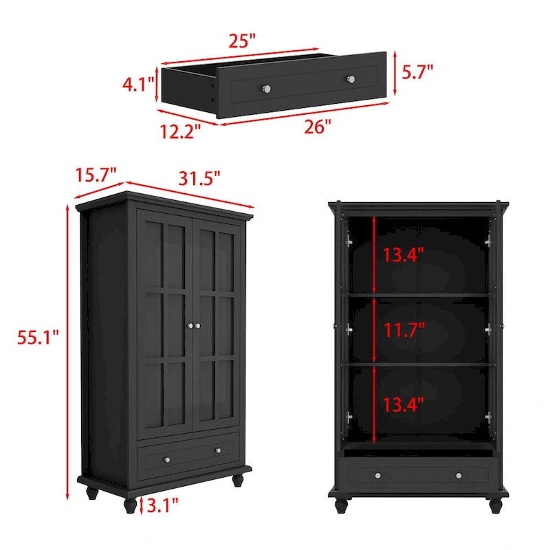 Tall Glass Door Display Cabinet with Shelves and Drawer