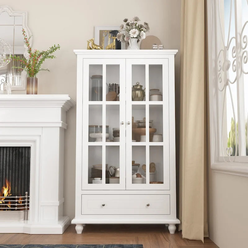 Tall Glass Door Display Cabinet with Shelves and Drawer