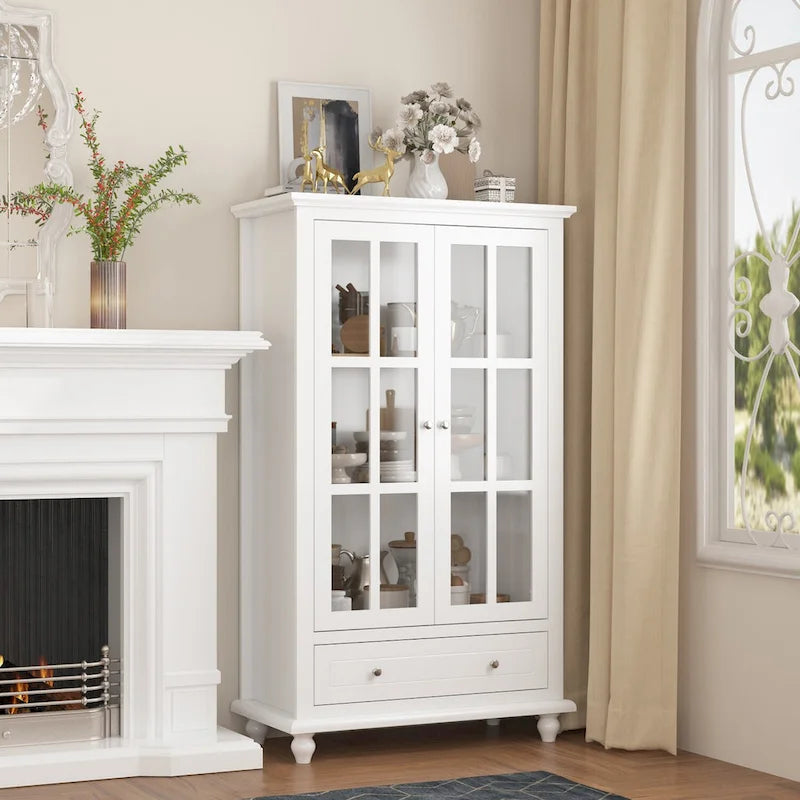 Tall Glass Door Display Cabinet with Shelves and Drawer