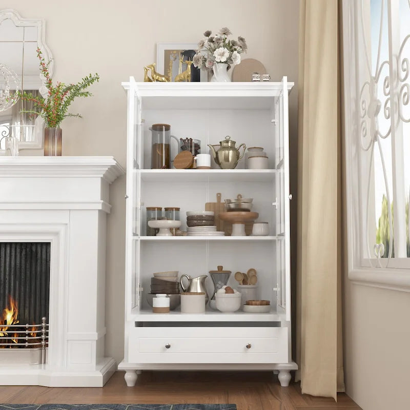 Tall Glass Door Display Cabinet with Shelves and Drawer