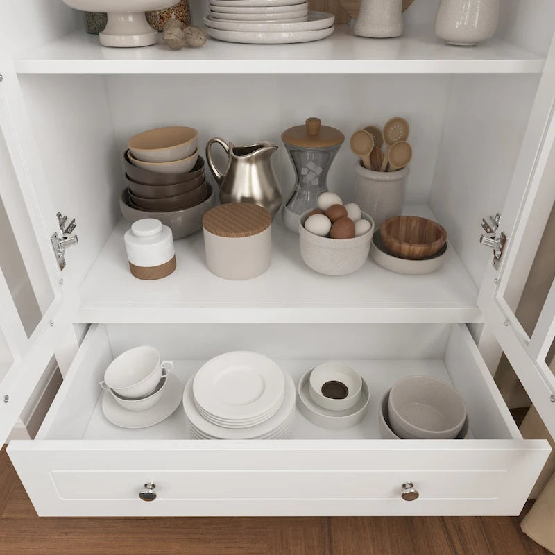 Tall Glass Door Display Cabinet with Shelves and Drawer