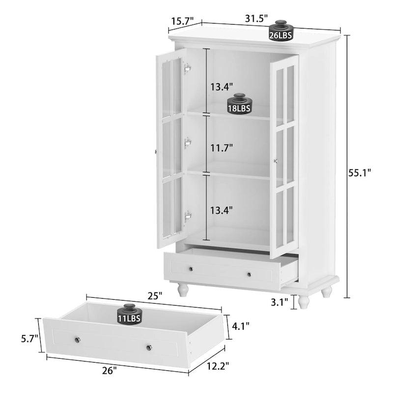 Tall Glass Door Display Cabinet with Shelves and Drawer