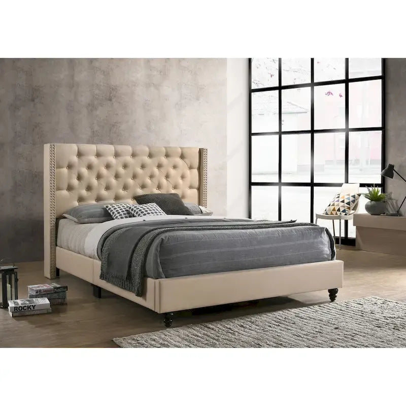 Grey Velvet Tufted Upholstered Bed Frame with Nailhead Trim