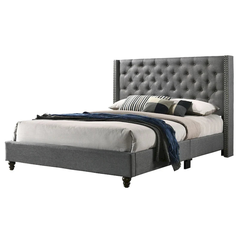 Grey Velvet Tufted Upholstered Bed Frame with Nailhead Trim