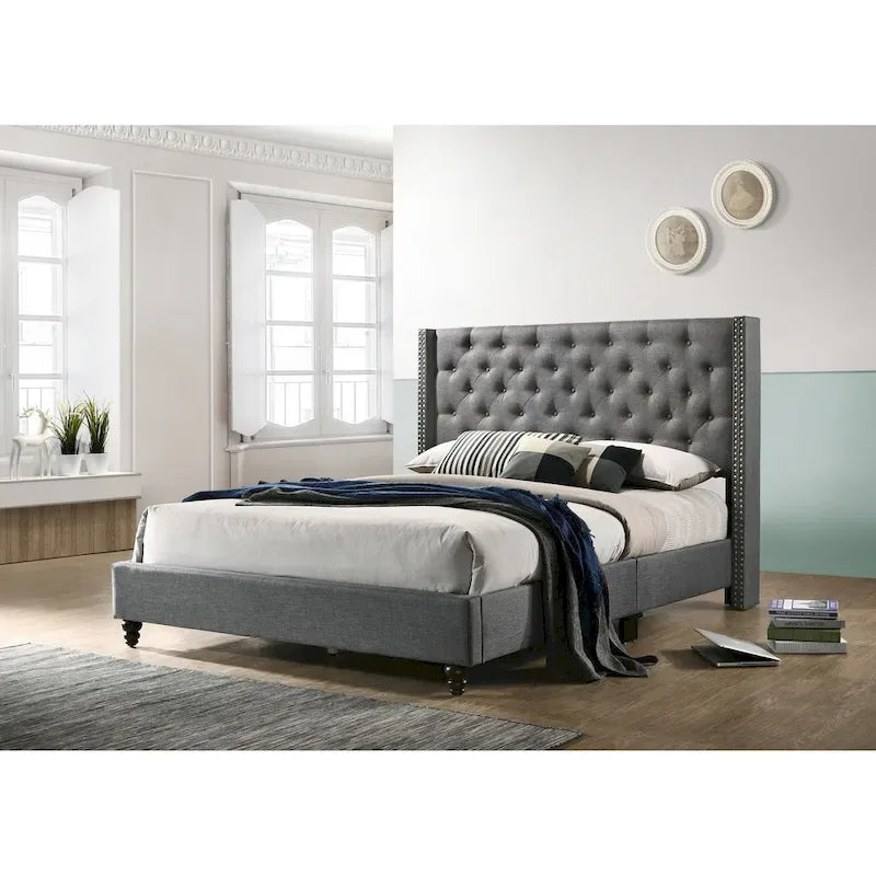 Grey Velvet Tufted Upholstered Bed Frame with Nailhead Trim