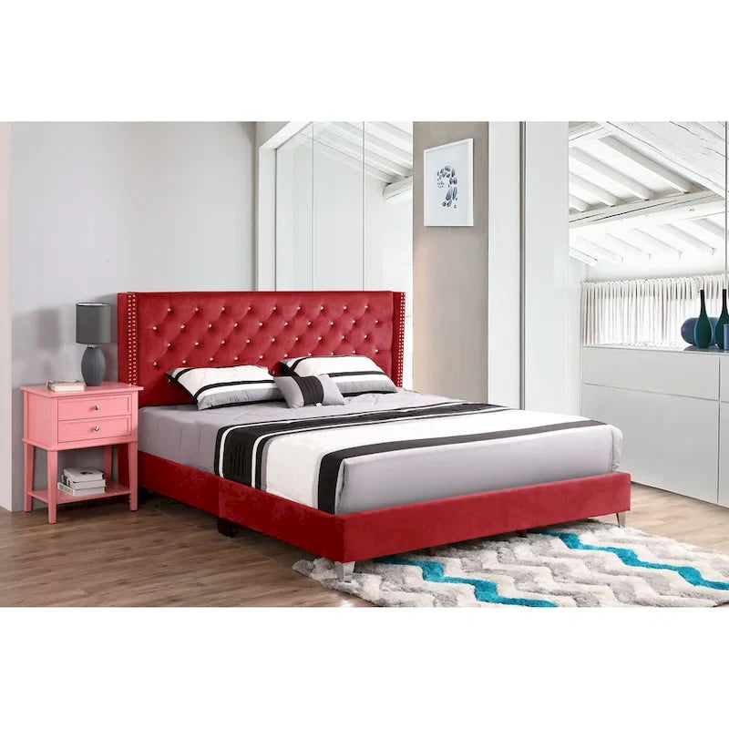 Grey Velvet Tufted Upholstered Bed Frame with Nailhead Trim