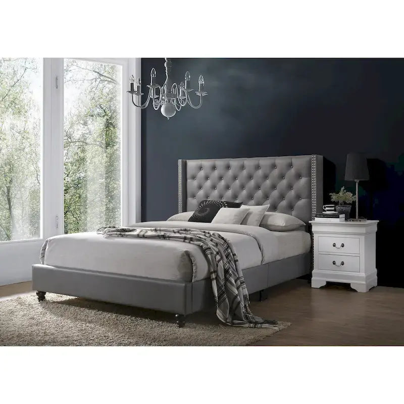 Grey Velvet Tufted Upholstered Bed Frame with Nailhead Trim