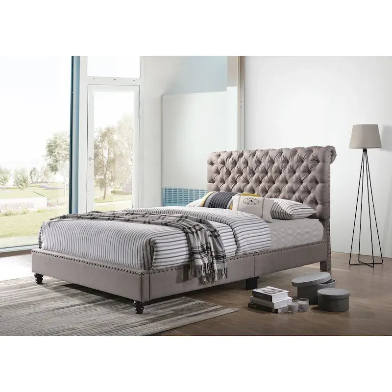 Grey Velvet Tufted Upholstered Bed Frame with Nailhead Trim