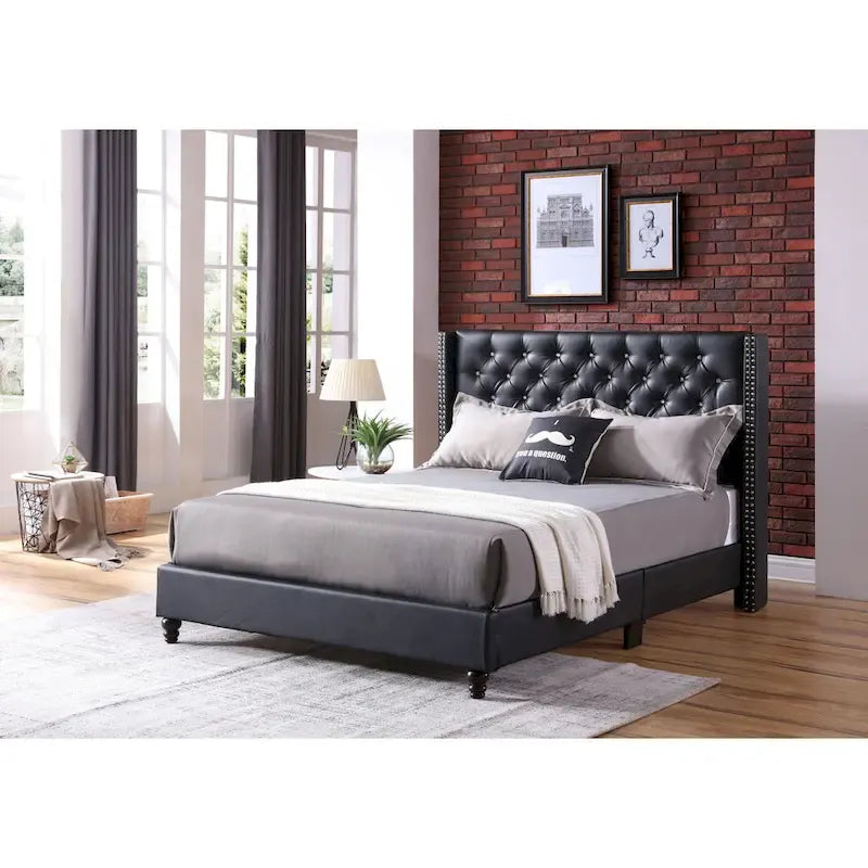 Grey Velvet Tufted Upholstered Bed Frame with Nailhead Trim