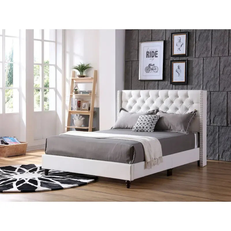 Grey Velvet Tufted Upholstered Bed Frame with Nailhead Trim