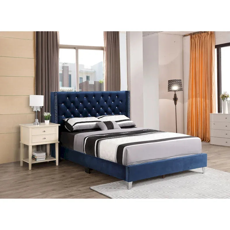 Grey Velvet Tufted Upholstered Bed Frame with Nailhead Trim