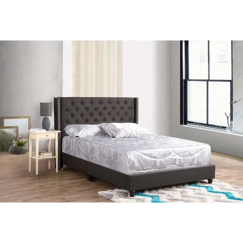 Grey Velvet Tufted Upholstered Bed Frame with Nailhead Trim