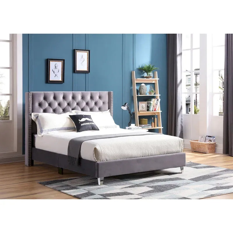 Grey Velvet Tufted Upholstered Bed Frame with Nailhead Trim