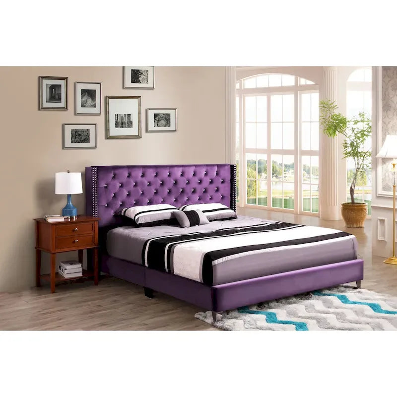 Grey Velvet Tufted Upholstered Bed Frame with Nailhead Trim