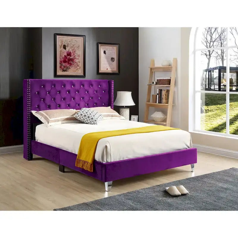Grey Velvet Tufted Upholstered Bed Frame with Nailhead Trim