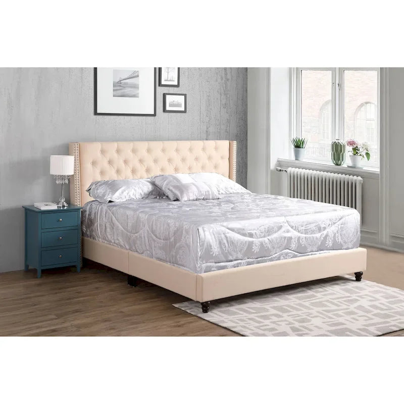 Grey Velvet Tufted Upholstered Bed Frame with Nailhead Trim
