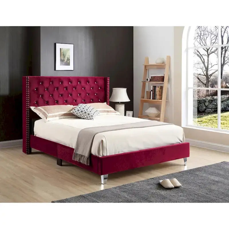 Grey Velvet Tufted Upholstered Bed Frame with Nailhead Trim