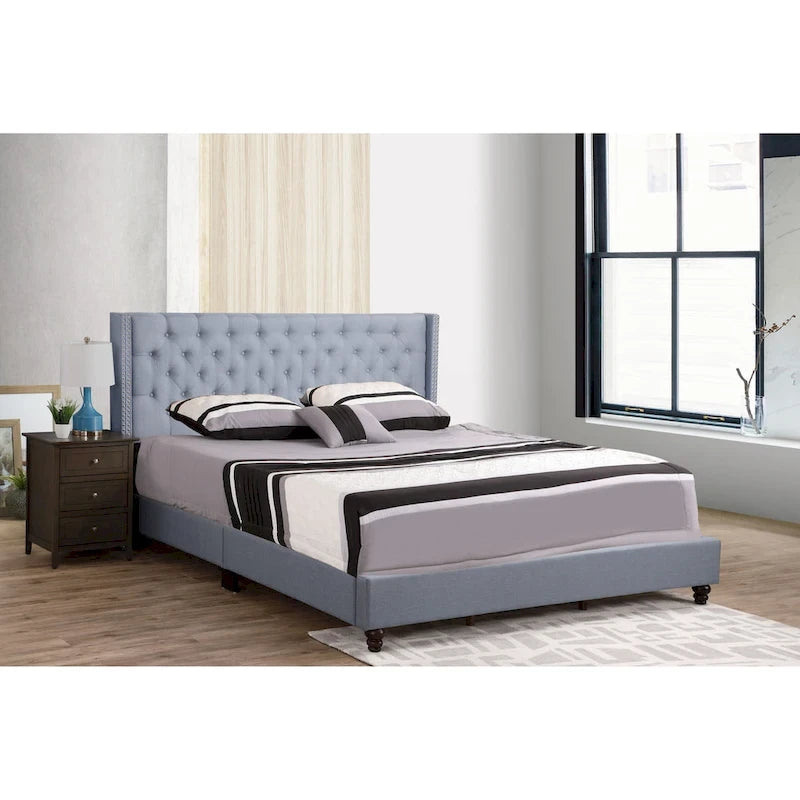 Grey Velvet Tufted Upholstered Bed Frame with Nailhead Trim