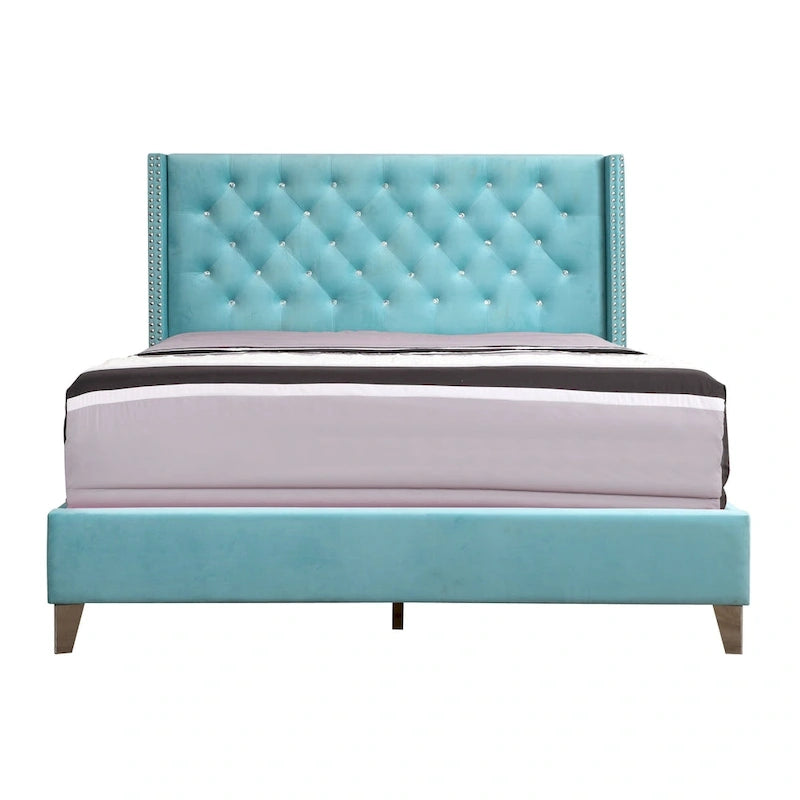 Grey Velvet Tufted Upholstered Bed Frame with Nailhead Trim
