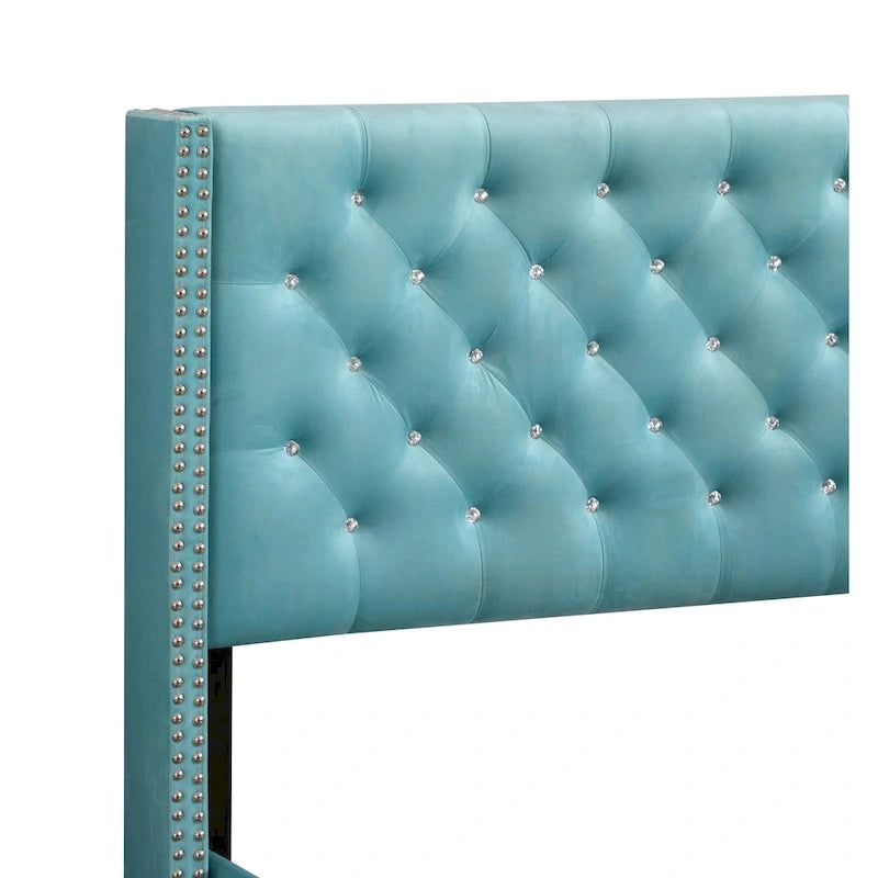 Grey Velvet Tufted Upholstered Bed Frame with Nailhead Trim