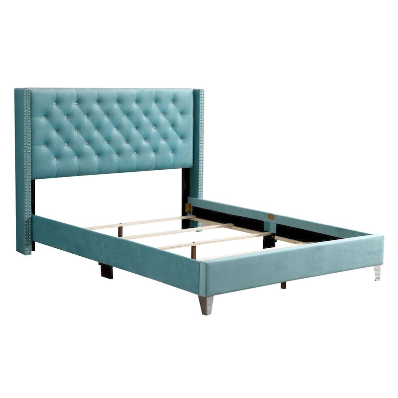 Grey Velvet Tufted Upholstered Bed Frame with Nailhead Trim