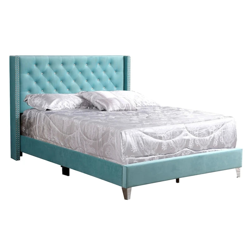 Grey Velvet Tufted Upholstered Bed Frame with Nailhead Trim