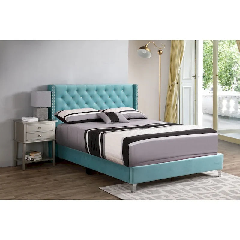 Grey Velvet Tufted Upholstered Bed Frame with Nailhead Trim