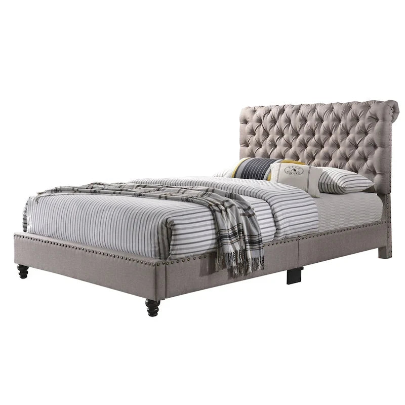 Grey Velvet Tufted Upholstered Bed Frame with Nailhead Trim