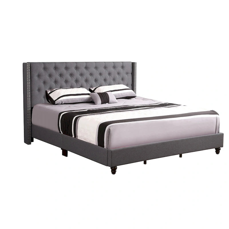 Grey Velvet Tufted Upholstered Bed Frame with Nailhead Trim