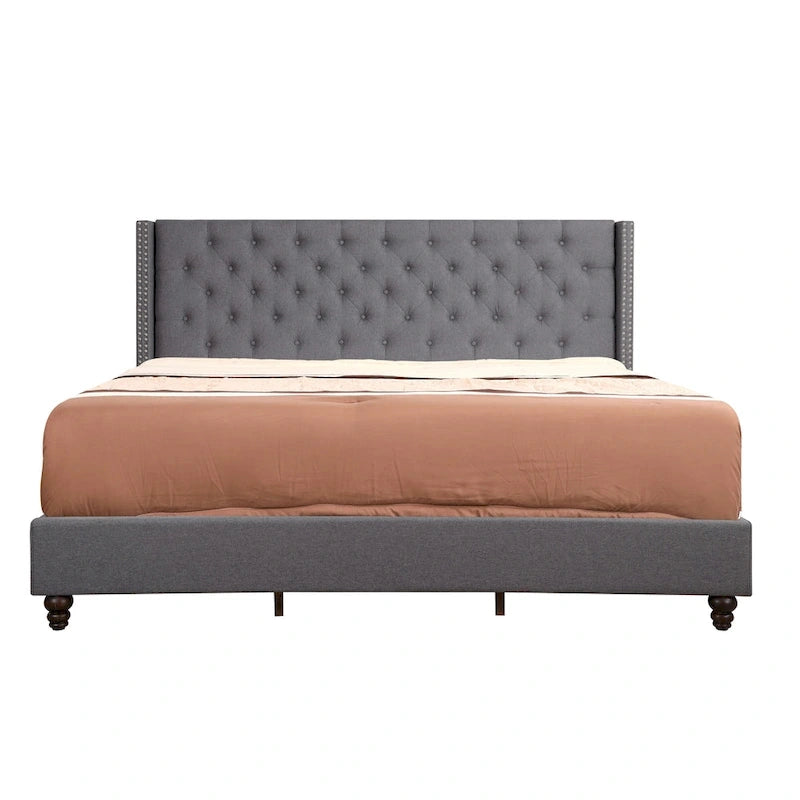 Grey Velvet Tufted Upholstered Bed Frame with Nailhead Trim