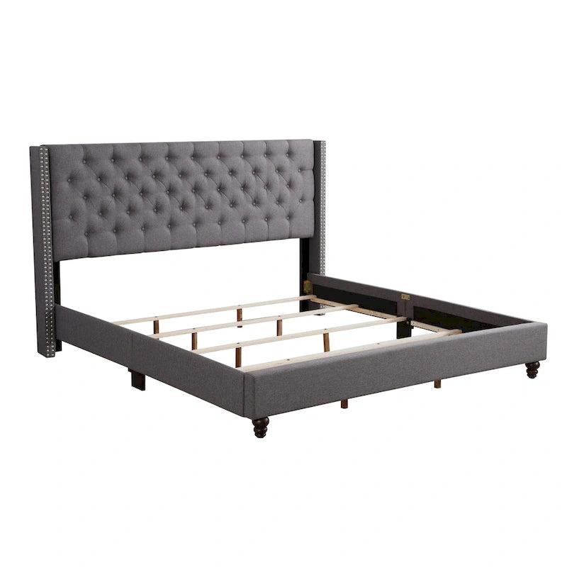 Grey Velvet Tufted Upholstered Bed Frame with Nailhead Trim