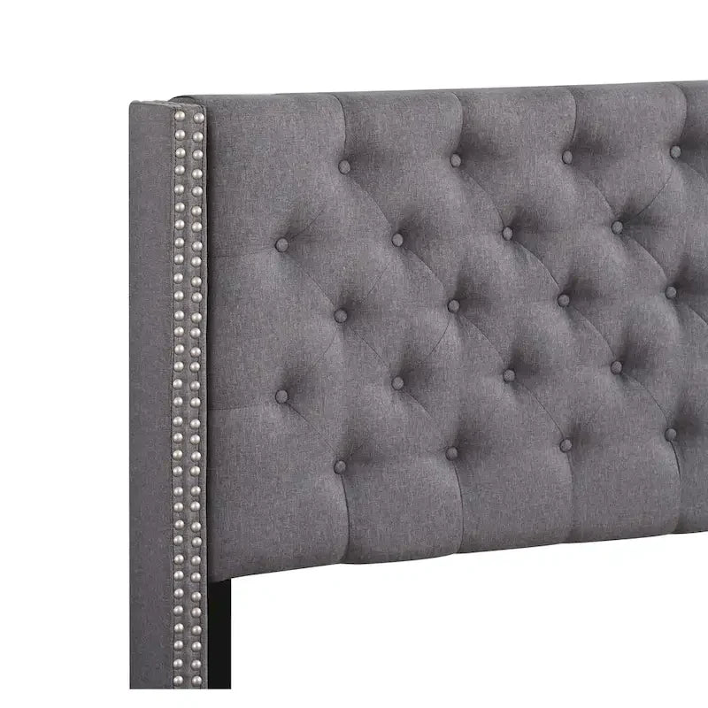 Grey Velvet Tufted Upholstered Bed Frame with Nailhead Trim