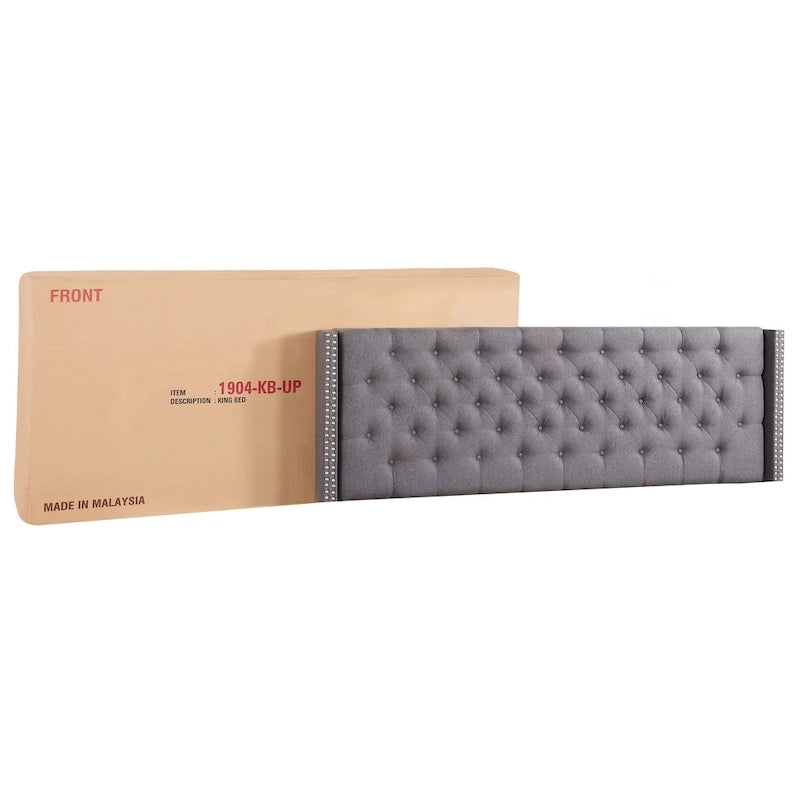 Grey Velvet Tufted Upholstered Bed Frame with Nailhead Trim