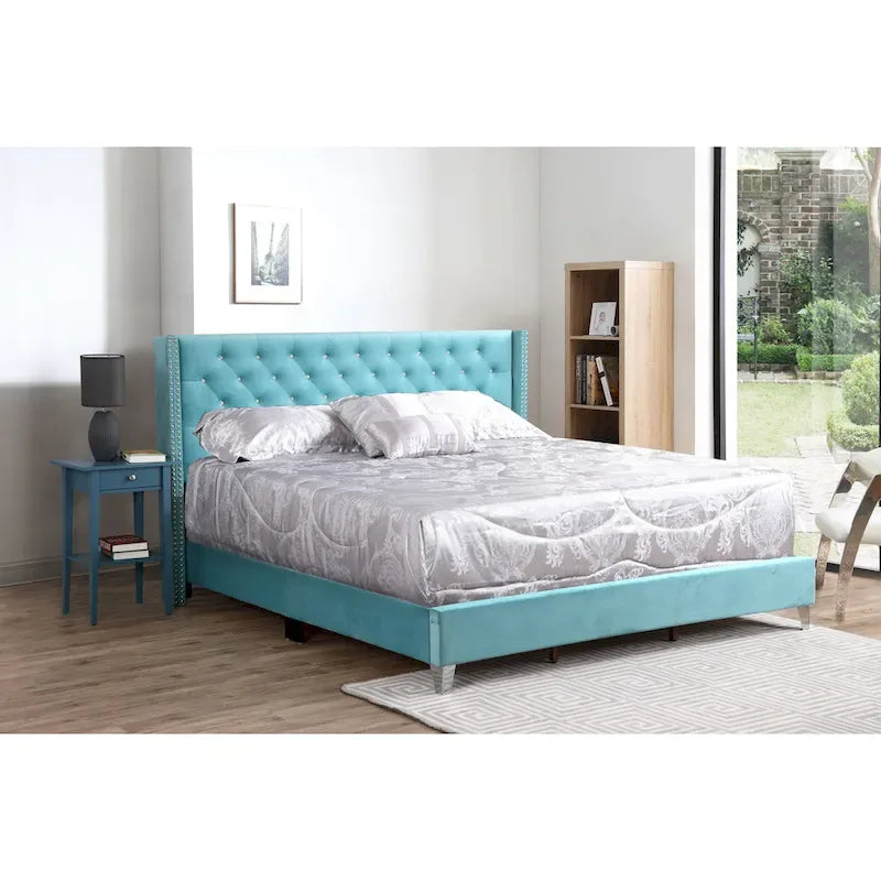 Grey Velvet Tufted Upholstered Bed Frame with Nailhead Trim