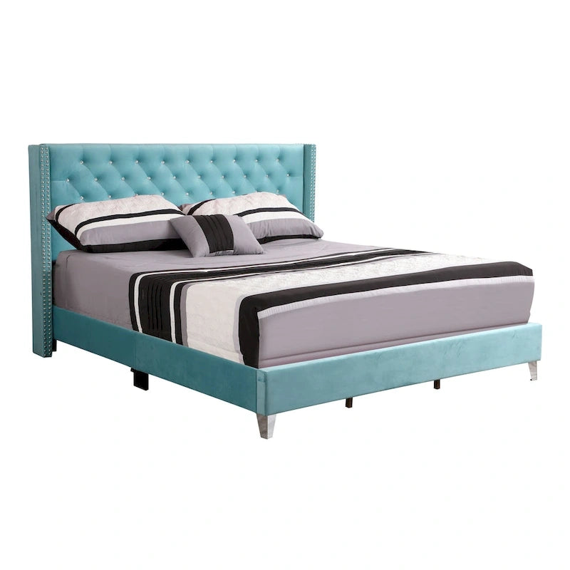 Grey Velvet Tufted Upholstered Bed Frame with Nailhead Trim