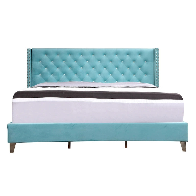 Grey Velvet Tufted Upholstered Bed Frame with Nailhead Trim