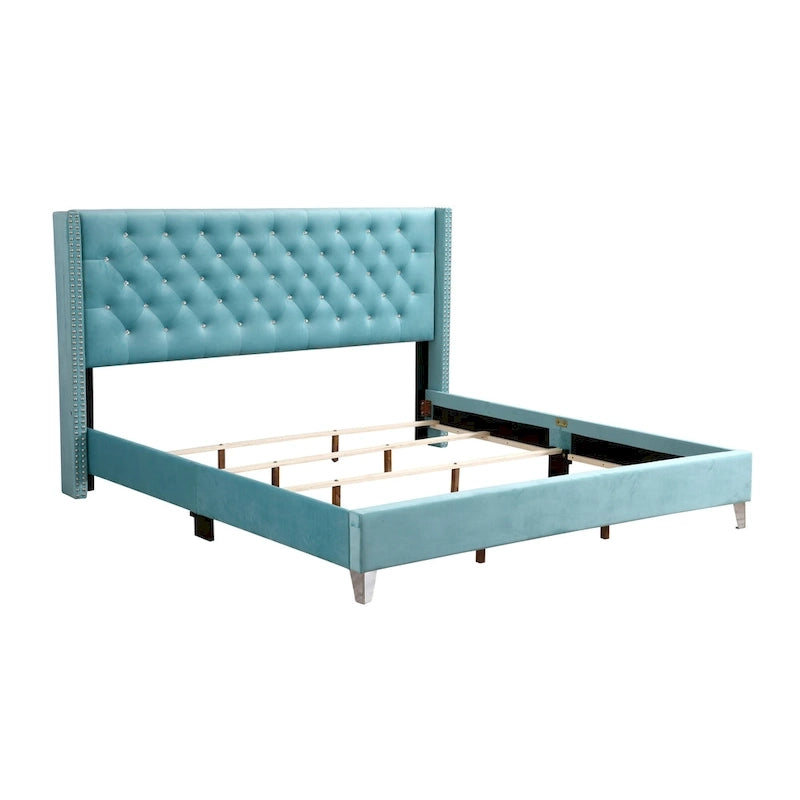 Grey Velvet Tufted Upholstered Bed Frame with Nailhead Trim