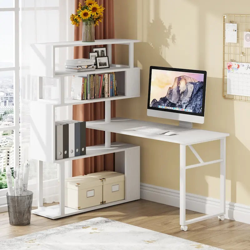 Rotating L-Shaped Computer Desk with 5-Shelf Open Bookshelf Storage