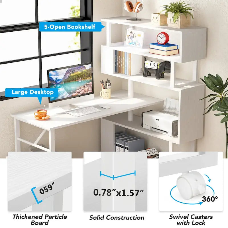 Rotating L-Shaped Computer Desk with 5-Shelf Open Bookshelf Storage