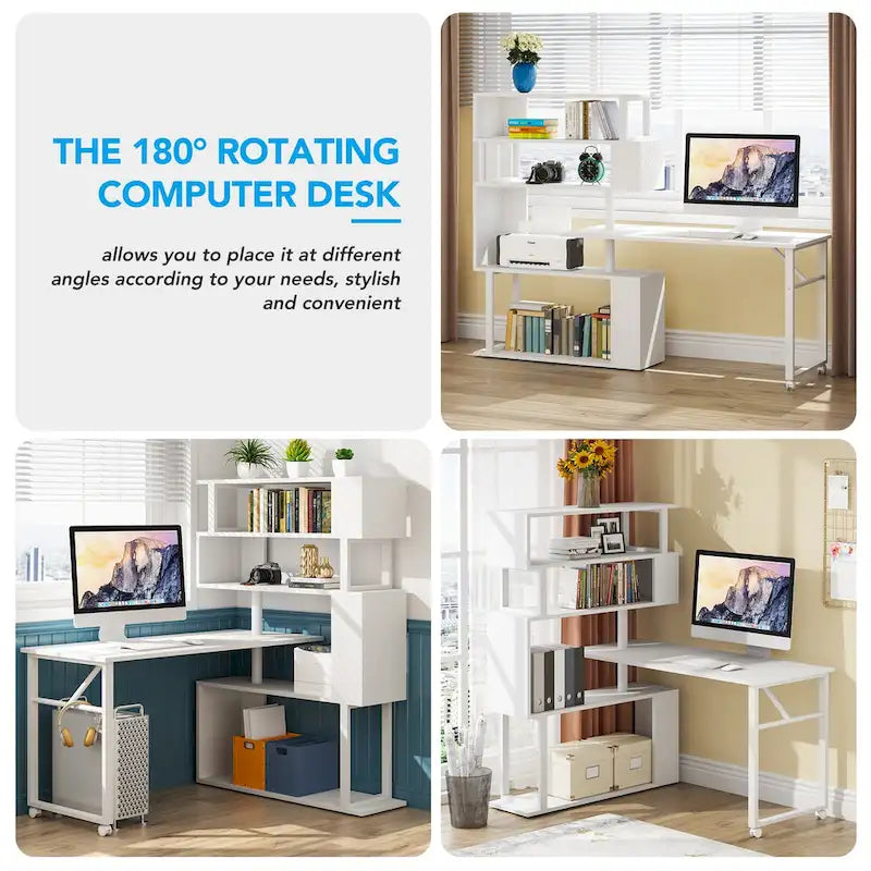 Rotating L-Shaped Computer Desk with 5-Shelf Open Bookshelf Storage