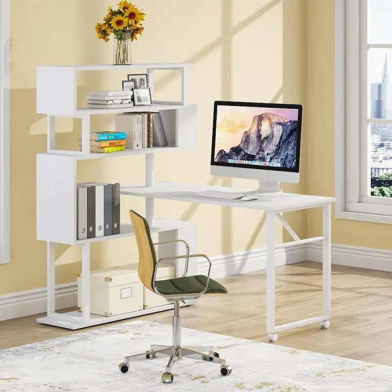 Rotating L-Shaped Computer Desk with 5-Shelf Open Bookshelf Storage
