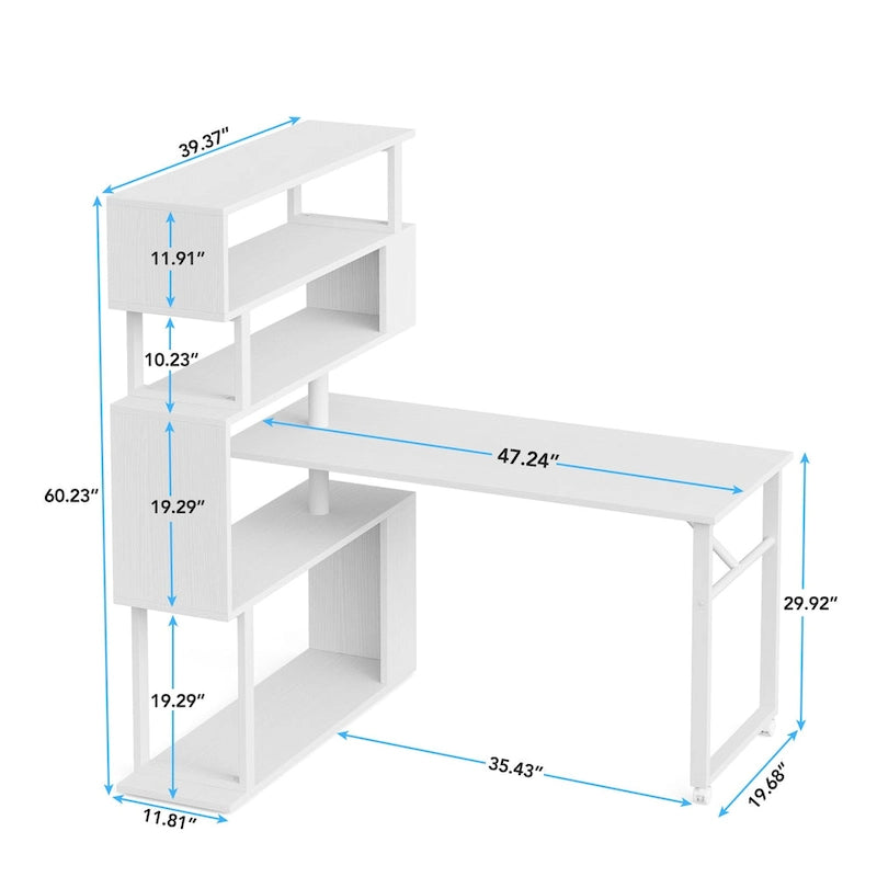 Rotating L-Shaped Computer Desk with 5-Shelf Open Bookshelf Storage