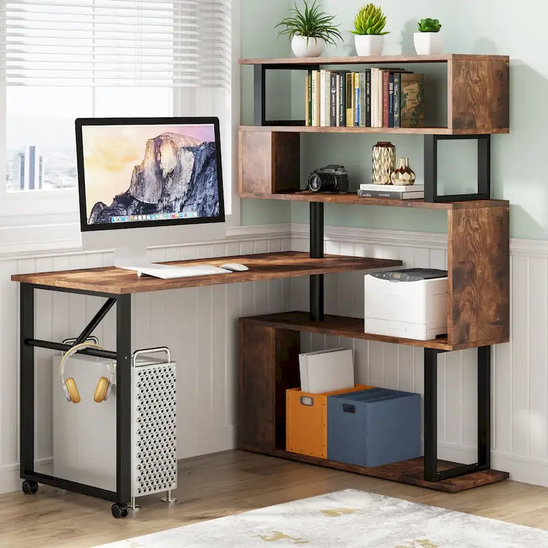 Rotating L-Shaped Computer Desk with 5-Shelf Open Bookshelf Storage