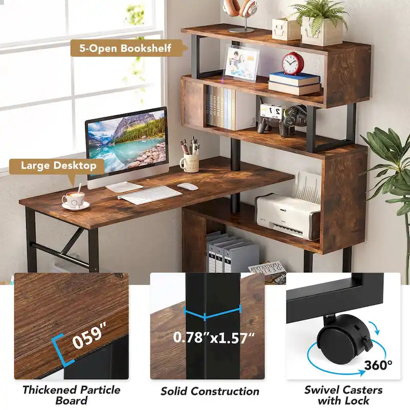 Rotating L-Shaped Computer Desk with 5-Shelf Open Bookshelf Storage
