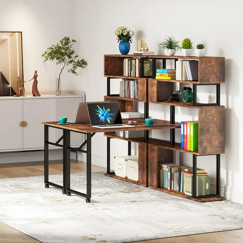 Rotating L-Shaped Computer Desk with 5-Shelf Open Bookshelf Storage